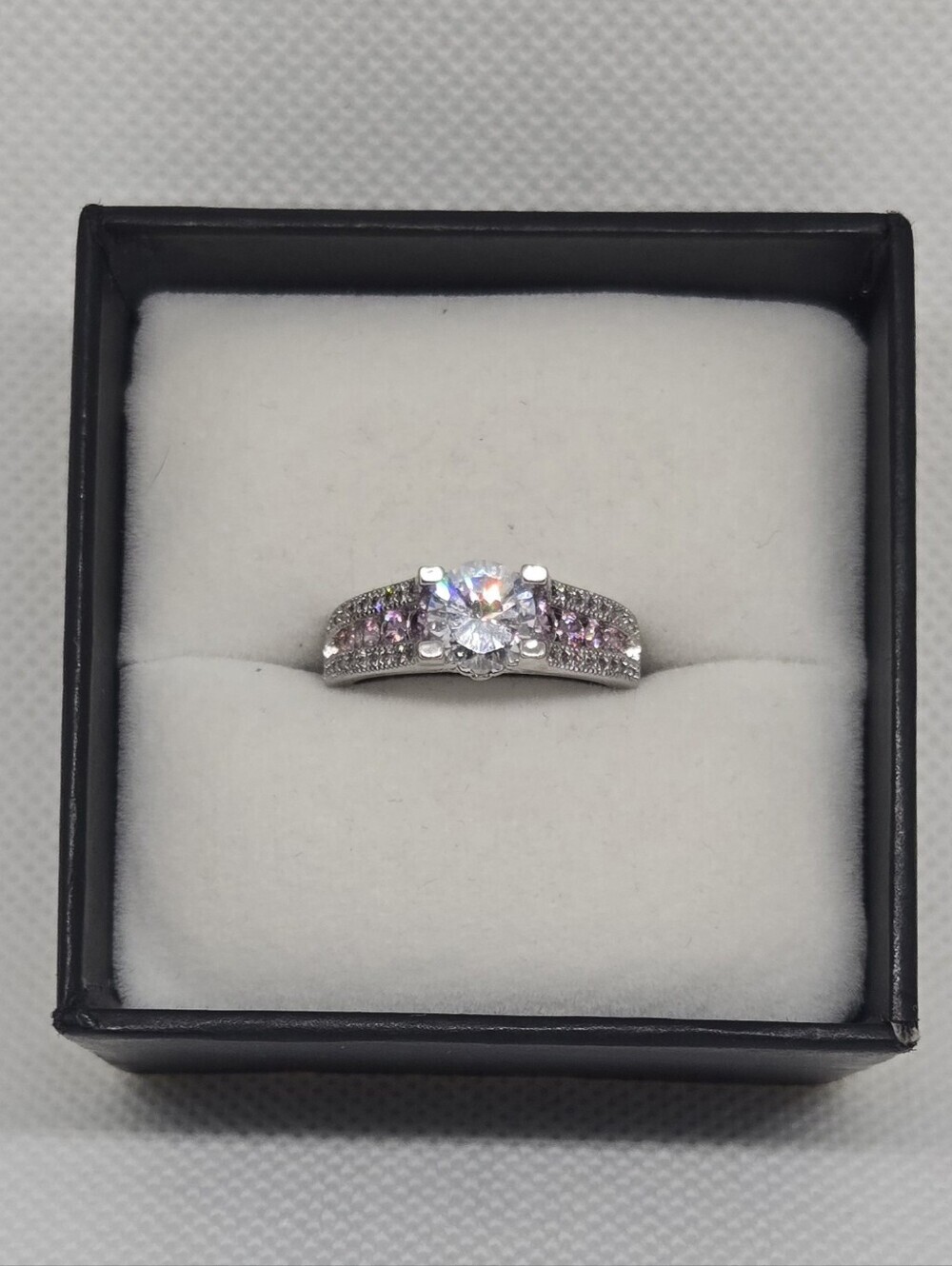 925 Sterling Silver Pink and Clear CZ Engagement Ring Sizes 7 to 9.5